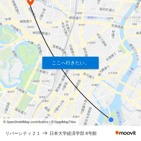 リバーシティ２１ to 日本大学経済学部 8号館 map