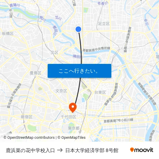 鹿浜菜の花中学校入口 to 日本大学経済学部 8号館 map