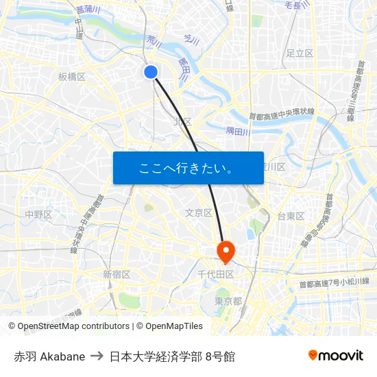赤羽 Akabane to 日本大学経済学部 8号館 map