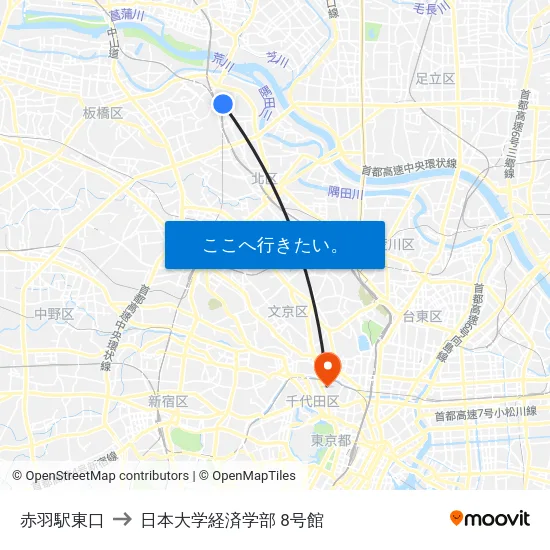 赤羽駅東口 to 日本大学経済学部 8号館 map