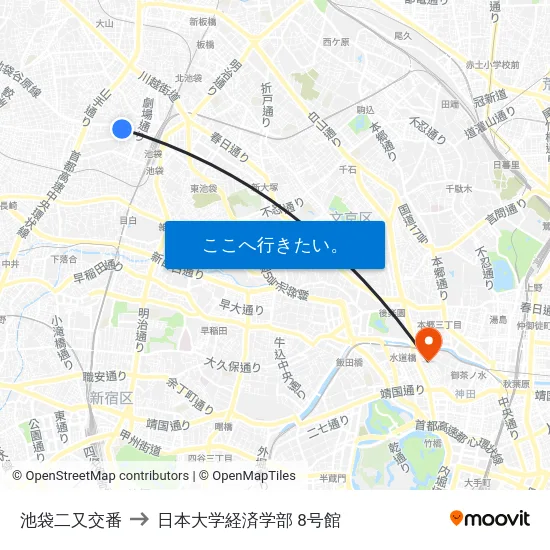 池袋二又交番 to 日本大学経済学部 8号館 map