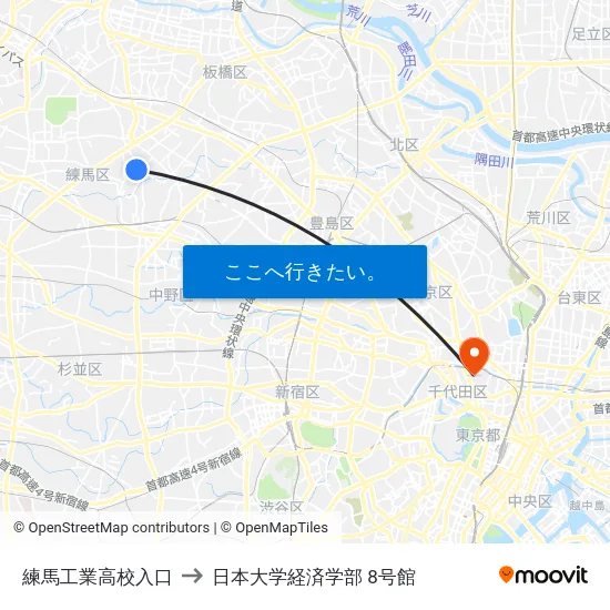 練馬工業高校入口 to 日本大学経済学部 8号館 map