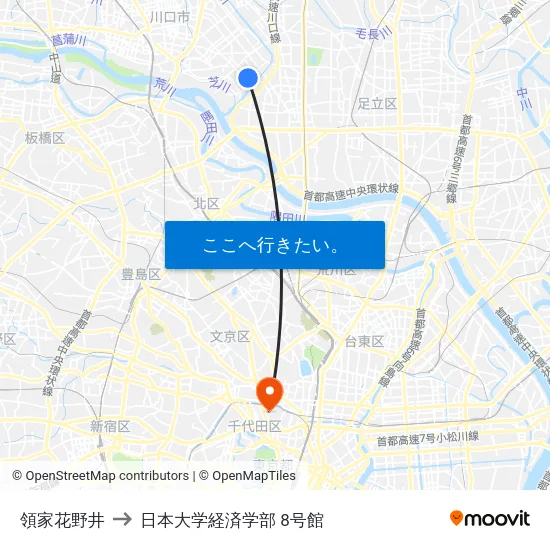 領家花野井 to 日本大学経済学部 8号館 map