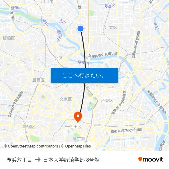 鹿浜六丁目 to 日本大学経済学部 8号館 map