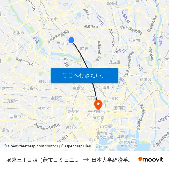 塚越三丁目西（蕨市コミュニティバス） to 日本大学経済学部 8号館 map