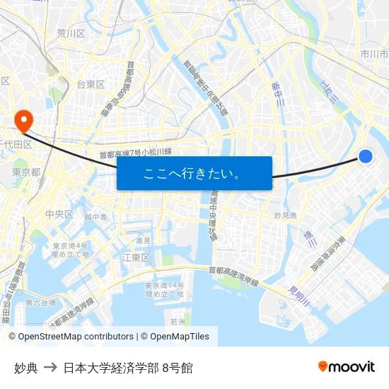 妙典 to 日本大学経済学部 8号館 map