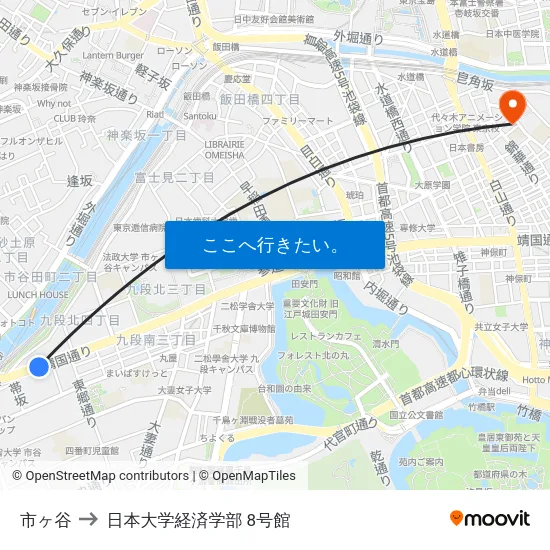 市ヶ谷 to 日本大学経済学部 8号館 map