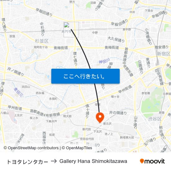 高円寺駅前 (Kouenji-Ekimae) to Gallery Hana Shimokitazawa map