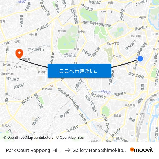 Park Court Roppongi Hill Top to Gallery Hana Shimokitazawa map