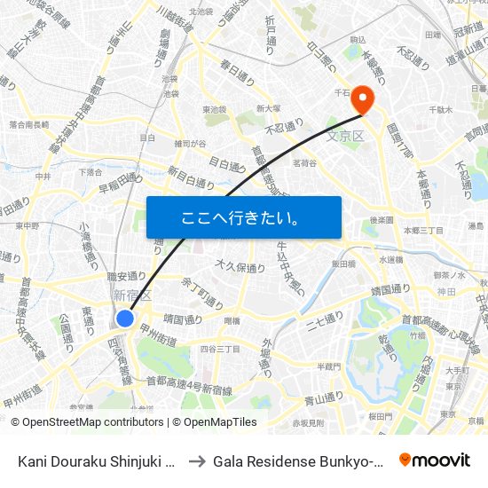 Kani Douraku Shinjuki Eki Mae to Gala Residense Bunkyo-Hakusan map