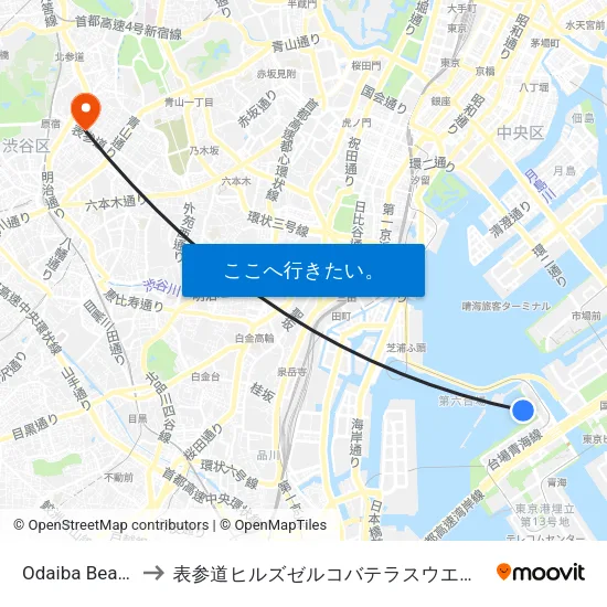 Odaiba Beach to 表参道ヒルズゼルコバテラスウエスト map