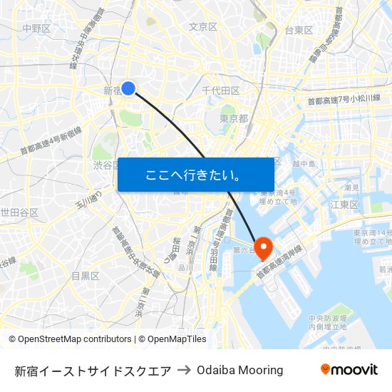 Shinjuku Eastside to Odaiba Mooring map