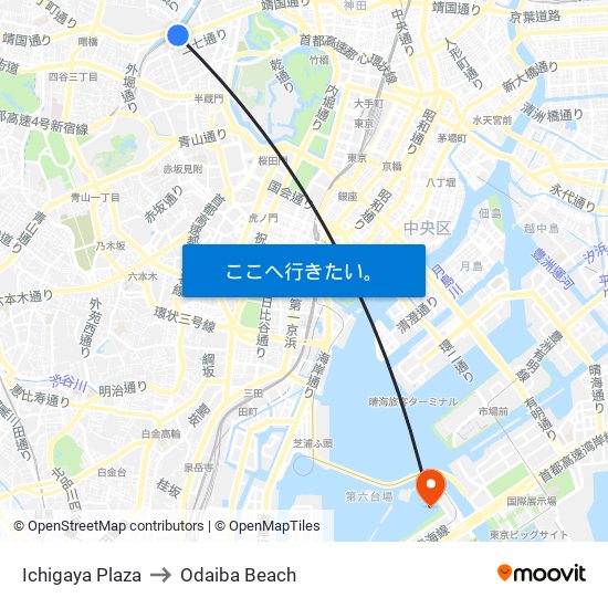 Ichigaya Plaza to Odaiba Beach map