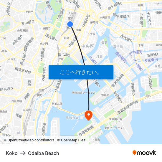 Koko to Odaiba Beach map