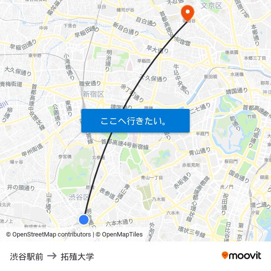 渋谷駅前 to 拓殖大学 map