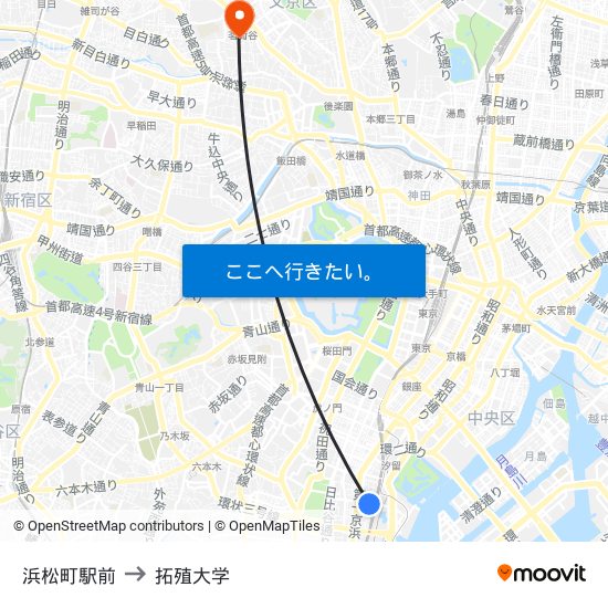 浜松町駅前 to 拓殖大学 map