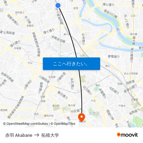 赤羽 Akabane to 拓殖大学 map