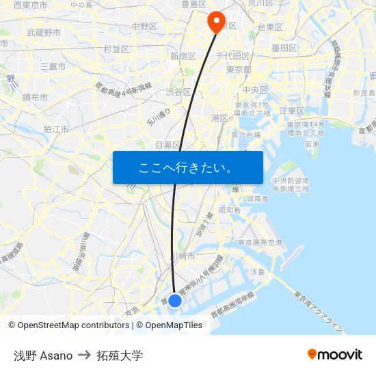 浅野 Asano to 拓殖大学 map