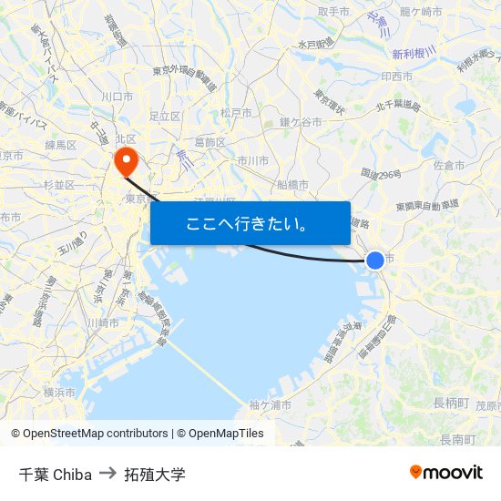 千葉 Chiba to 拓殖大学 map