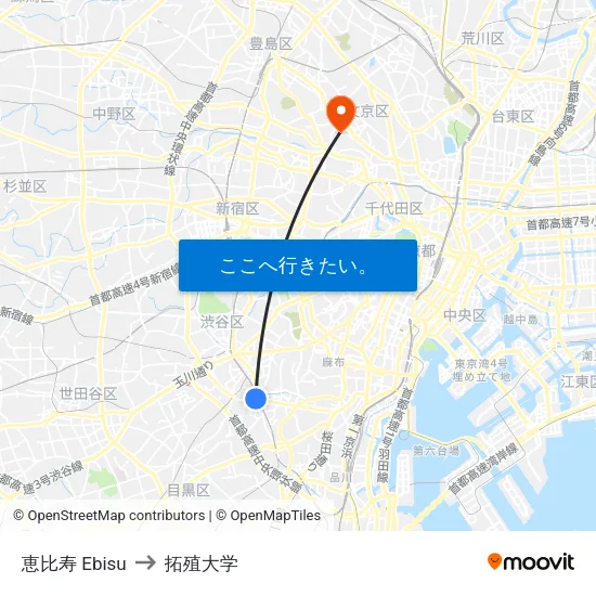 恵比寿 Ebisu to 拓殖大学 map