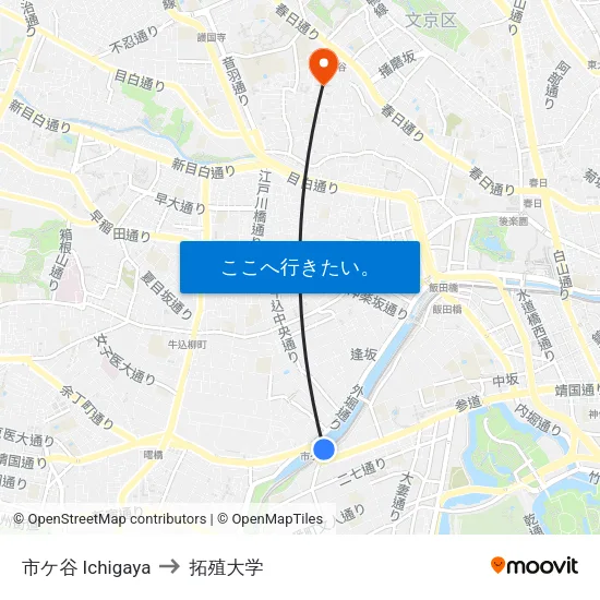 市ケ谷 Ichigaya to 拓殖大学 map
