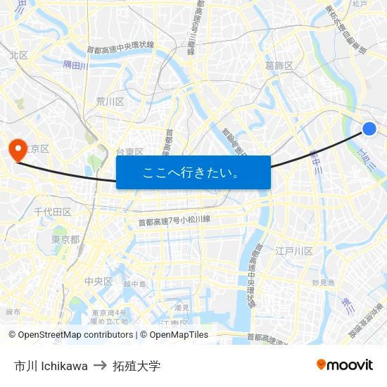 市川 Ichikawa to 拓殖大学 map