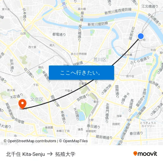 北千住 Kita-Senju to 拓殖大学 map