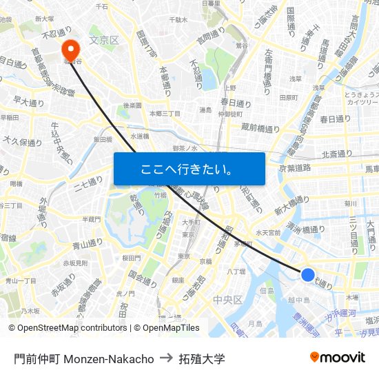 門前仲町 Monzen-Nakacho to 拓殖大学 map