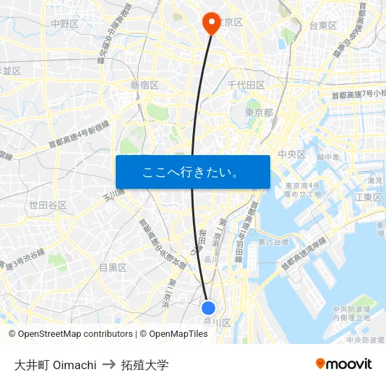 大井町 Oimachi to 拓殖大学 map