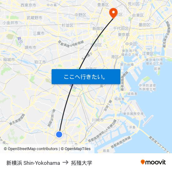 新横浜 Shin-Yokohama to 拓殖大学 map