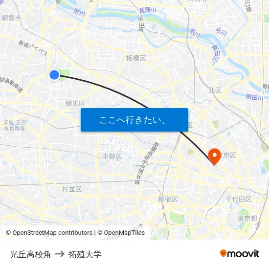 光丘高校角 to 拓殖大学 map