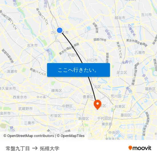 常盤九丁目 to 拓殖大学 map