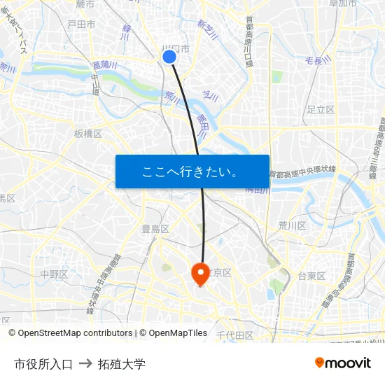 市役所入口 to 拓殖大学 map