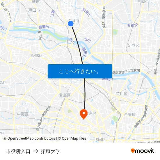 市役所入口 to 拓殖大学 map