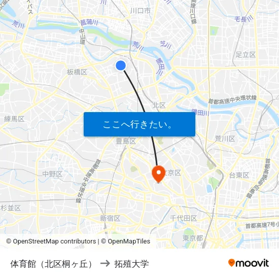 体育館（北区桐ヶ丘） to 拓殖大学 map