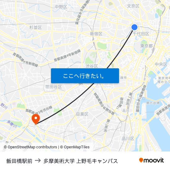 飯田橋駅前 to 多摩美術大学 上野毛キャンパス map