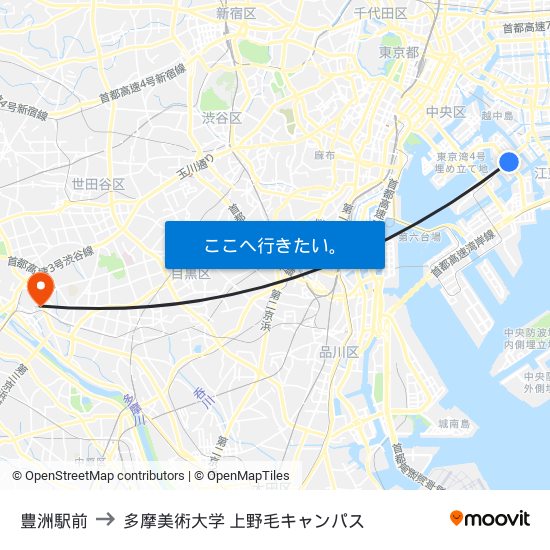豊洲駅前 to 多摩美術大学 上野毛キャンパス map