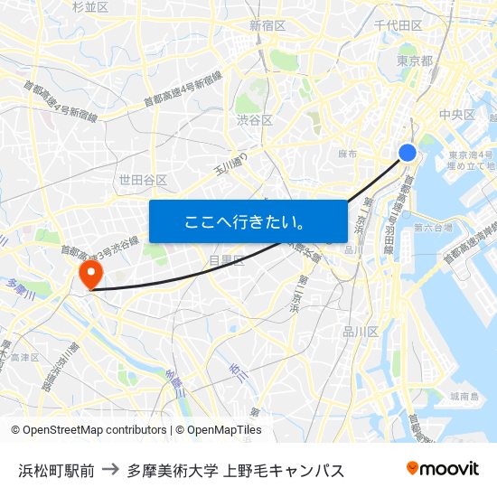 浜松町駅前 to 多摩美術大学 上野毛キャンパス map