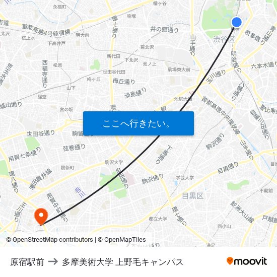 原宿駅前 to 多摩美術大学 上野毛キャンパス map