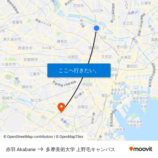 赤羽 Akabane to 多摩美術大学 上野毛キャンパス map