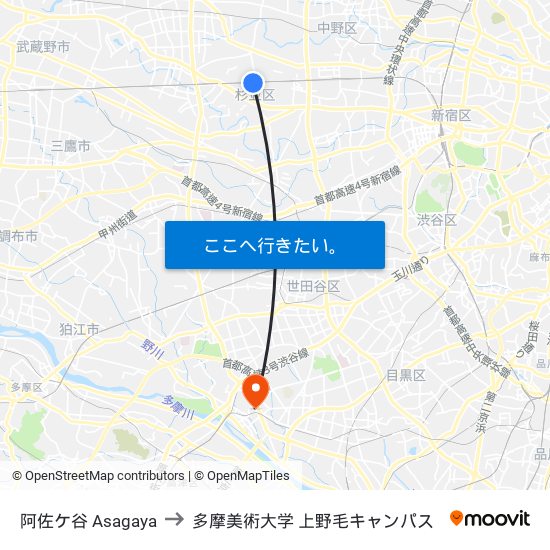 阿佐ケ谷 Asagaya to 多摩美術大学 上野毛キャンパス map