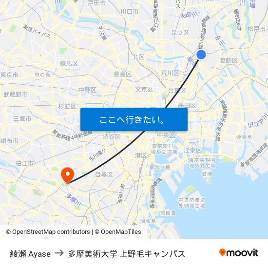 綾瀬 Ayase to 多摩美術大学 上野毛キャンパス map