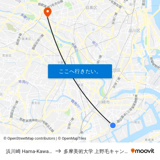浜川崎 Hama-Kawasaki to 多摩美術大学 上野毛キャンパス map