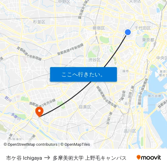 市ケ谷 Ichigaya to 多摩美術大学 上野毛キャンパス map
