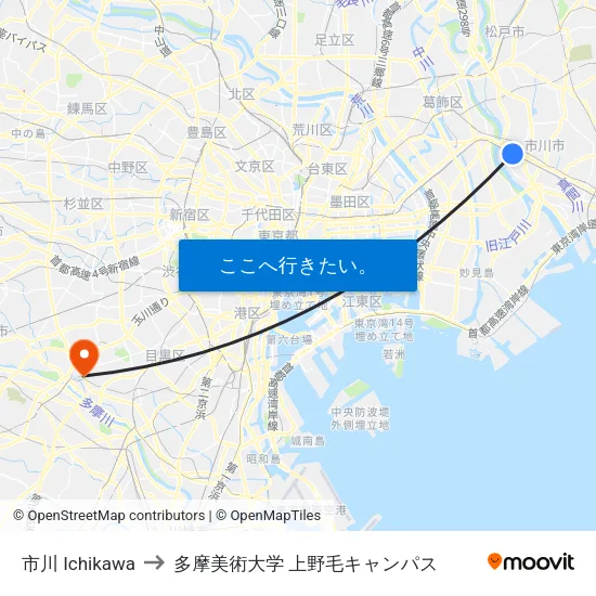 市川 Ichikawa to 多摩美術大学 上野毛キャンパス map