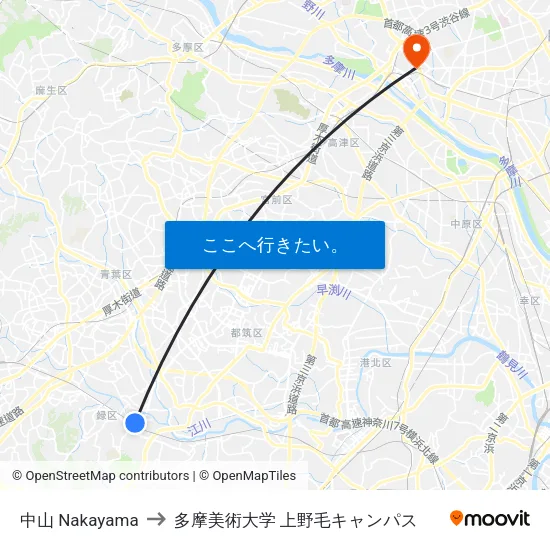 中山 Nakayama to 多摩美術大学 上野毛キャンパス map
