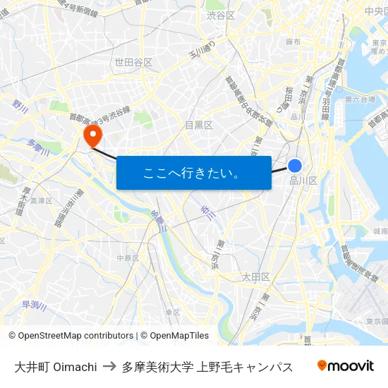 大井町 Oimachi to 多摩美術大学 上野毛キャンパス map