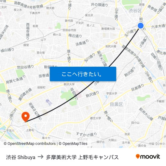 渋谷 Shibuya to 多摩美術大学 上野毛キャンパス map