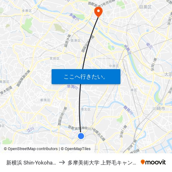 新横浜 Shin-Yokohama to 多摩美術大学 上野毛キャンパス map