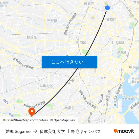 巣鴨 Sugamo to 多摩美術大学 上野毛キャンパス map